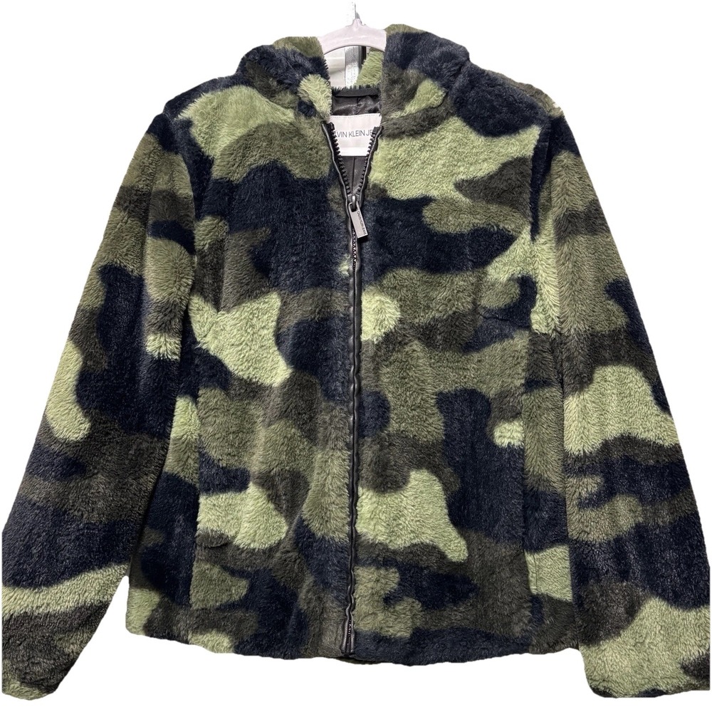 Calvin Klein Camo-Print Faux Fur Hooded Jacket Women's Small Teddy Bear Bomber